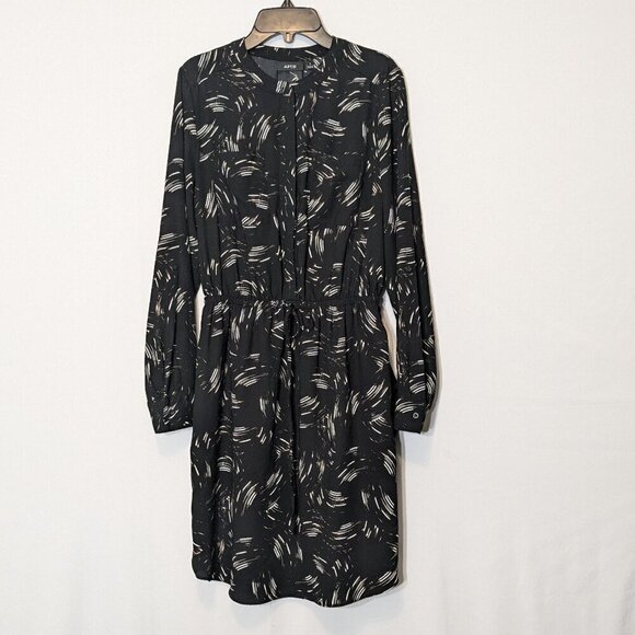 APT. 9 Black Print Roll-Tab Sleeve Waist Dress; Gathered Skirt; Lined; Size 8 - Picture 1 of 8